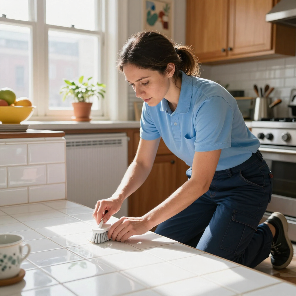 Person kneeling on a kitchen counter, scrubbing white tiles with a brush in a sunlit kitchen.