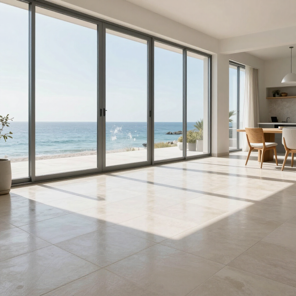Bright seaside living room with large glass doors, tiled floor, and ocean view