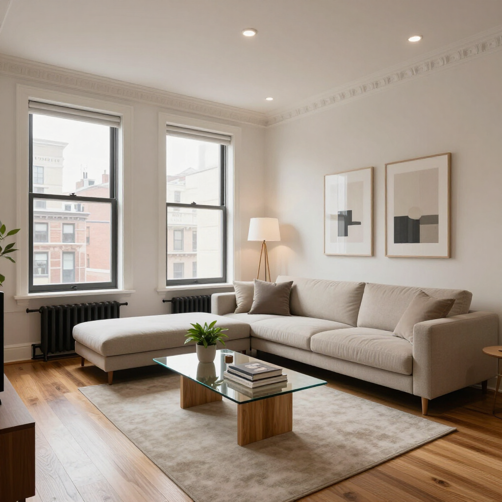 Bright living room with beige sectional sofa, glass coffee table, rug, and large windows.