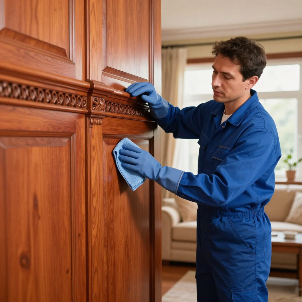 Worker in blue coveralls cleaning a wooden cabinet with a cloth in a home interior