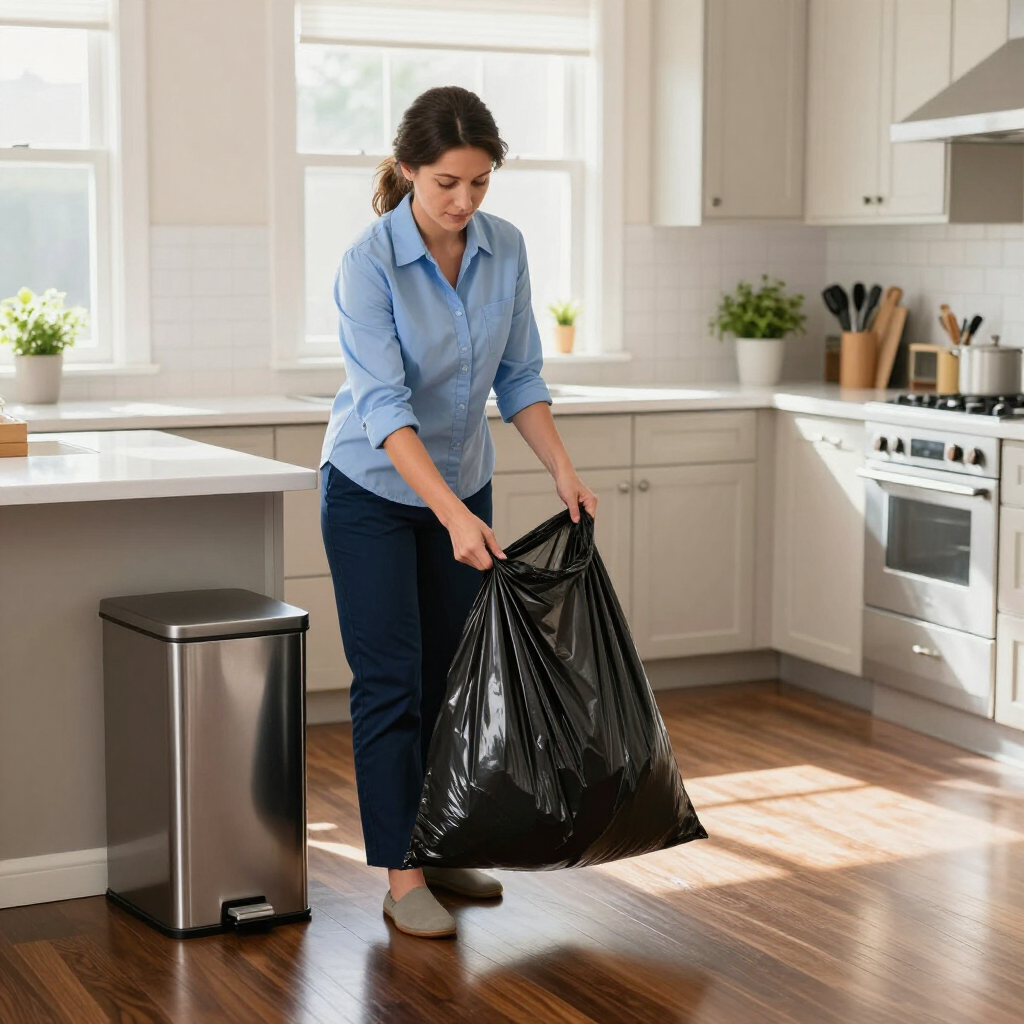 Person in a bright kitchen carrying a black trash bag toward a stainless steel bin