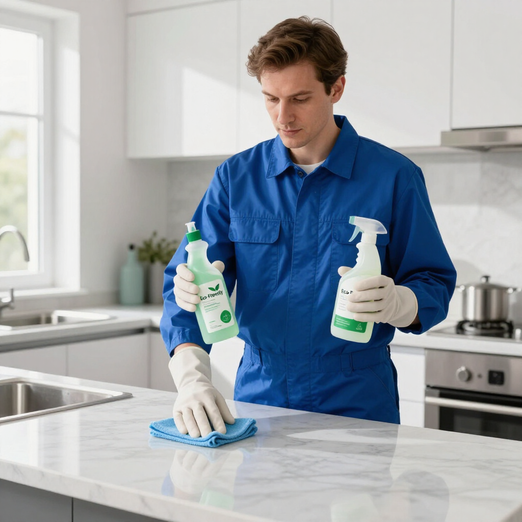 Person in blue shirt cleaning a kitchen counter with spray bottles and a cloth.