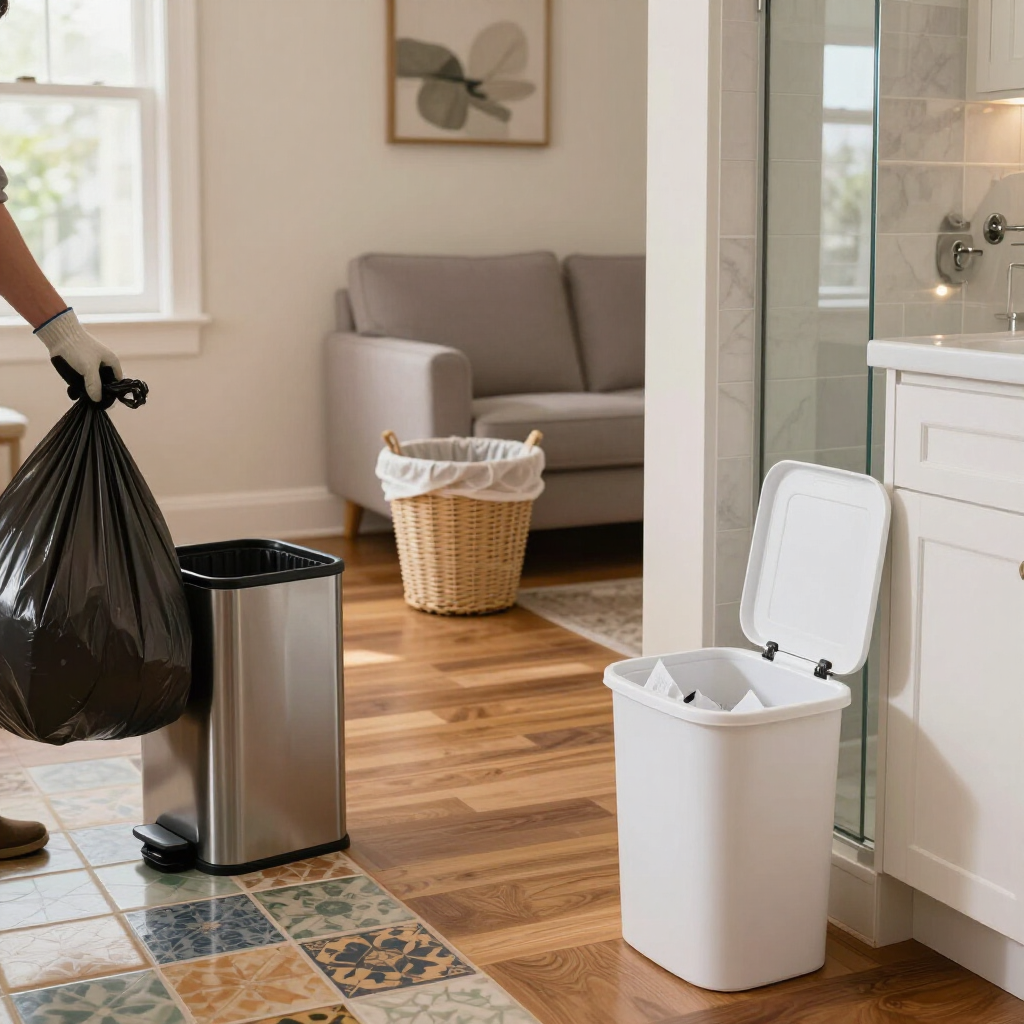 Person emptying a black trash bag into a stainless kitchen bin beside a white open trash can and basket