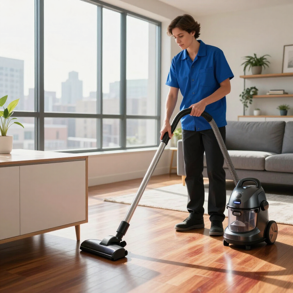 Person vacuuming a sunlit living room with a canister vacuum on hardwood floors