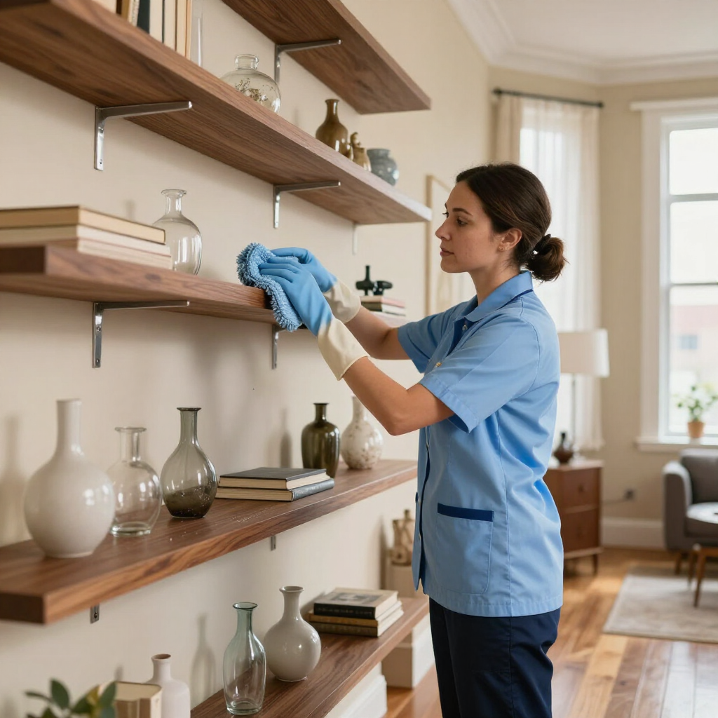 Woman in blue cleaning glass shelves in a bright living room with decorative bottles and books
