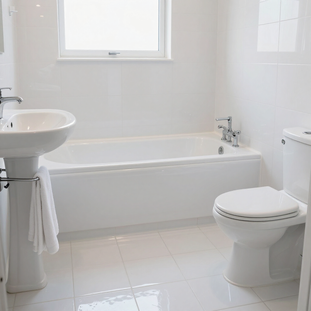 Bright white bathroom with sink, bathtub, toilet, and window.