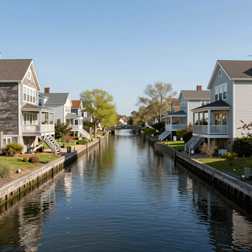 Canal between white houses under a clear blue sky, with calm water reflecting the neighborhood.