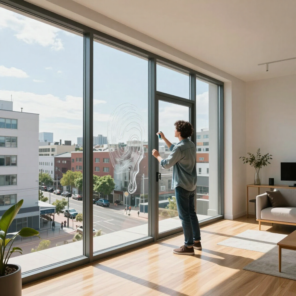 Person standing by floor-to-ceiling windows, photographing the city view in a bright apartment.