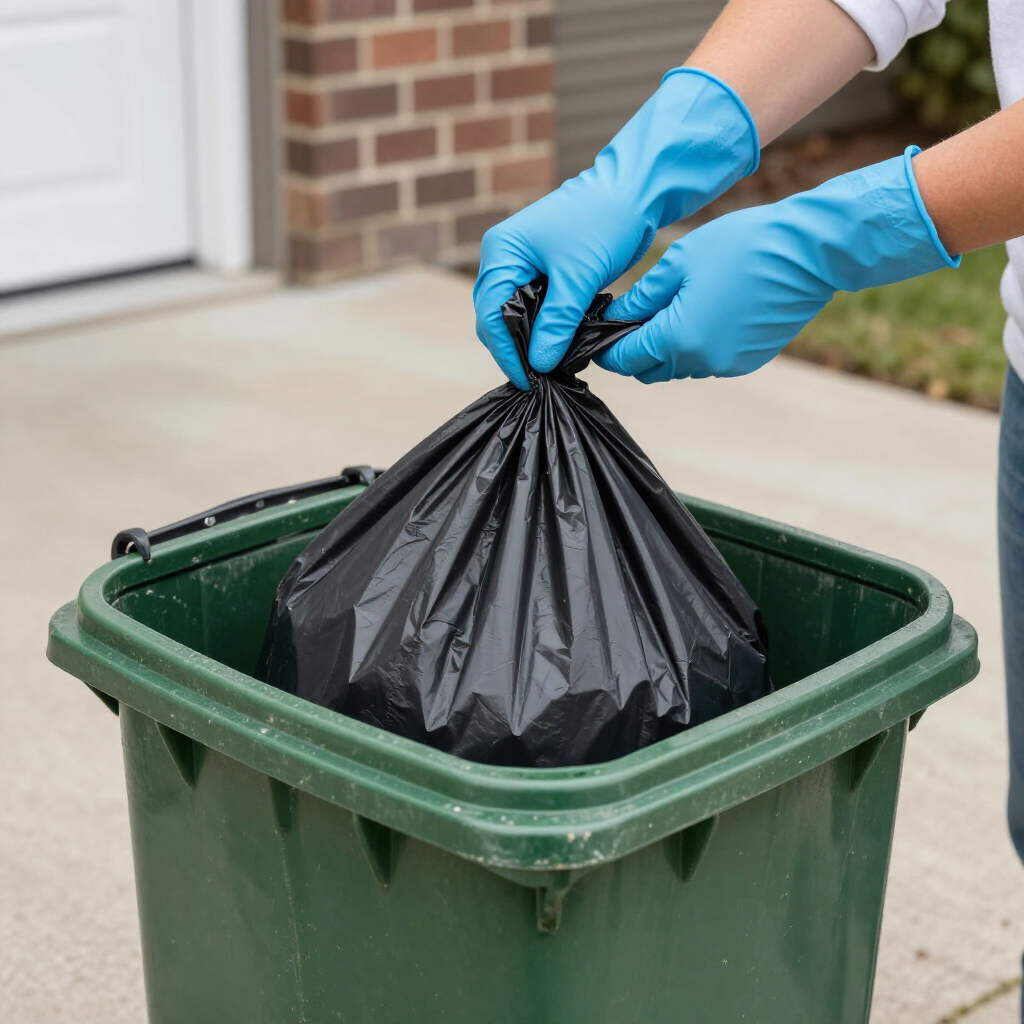 Blue-gloved hands tie a black trash bag into a green outdoor bin.