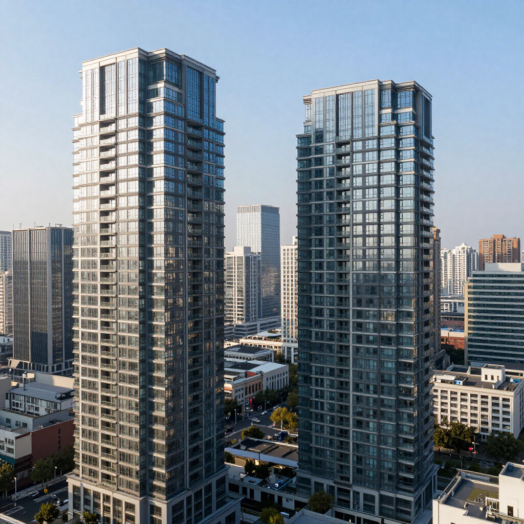 Two tall glass high-rise towers in a modern city skyline at daylight