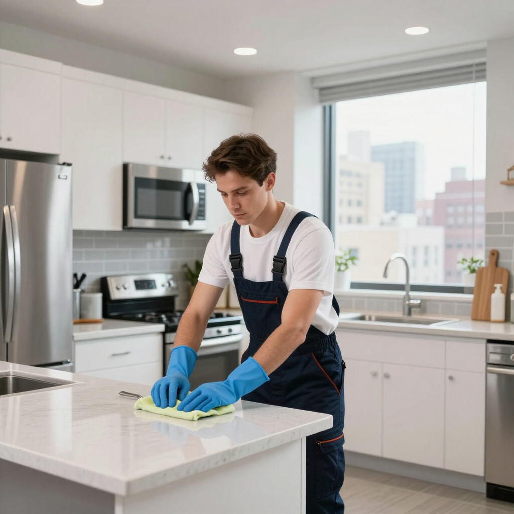 Person in blue gloves cleaning a kitchen countertop with a cloth in a bright modern kitchen