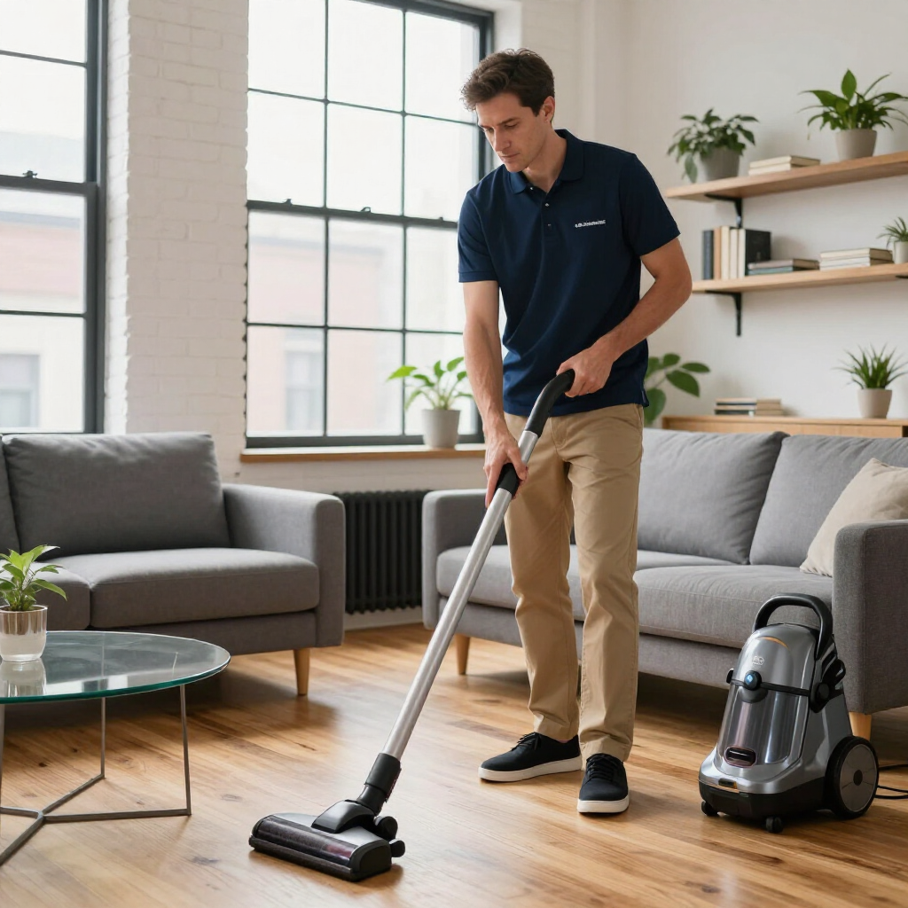 Man vacuuming a gray rug in a bright living room with a canister vacuum beside him