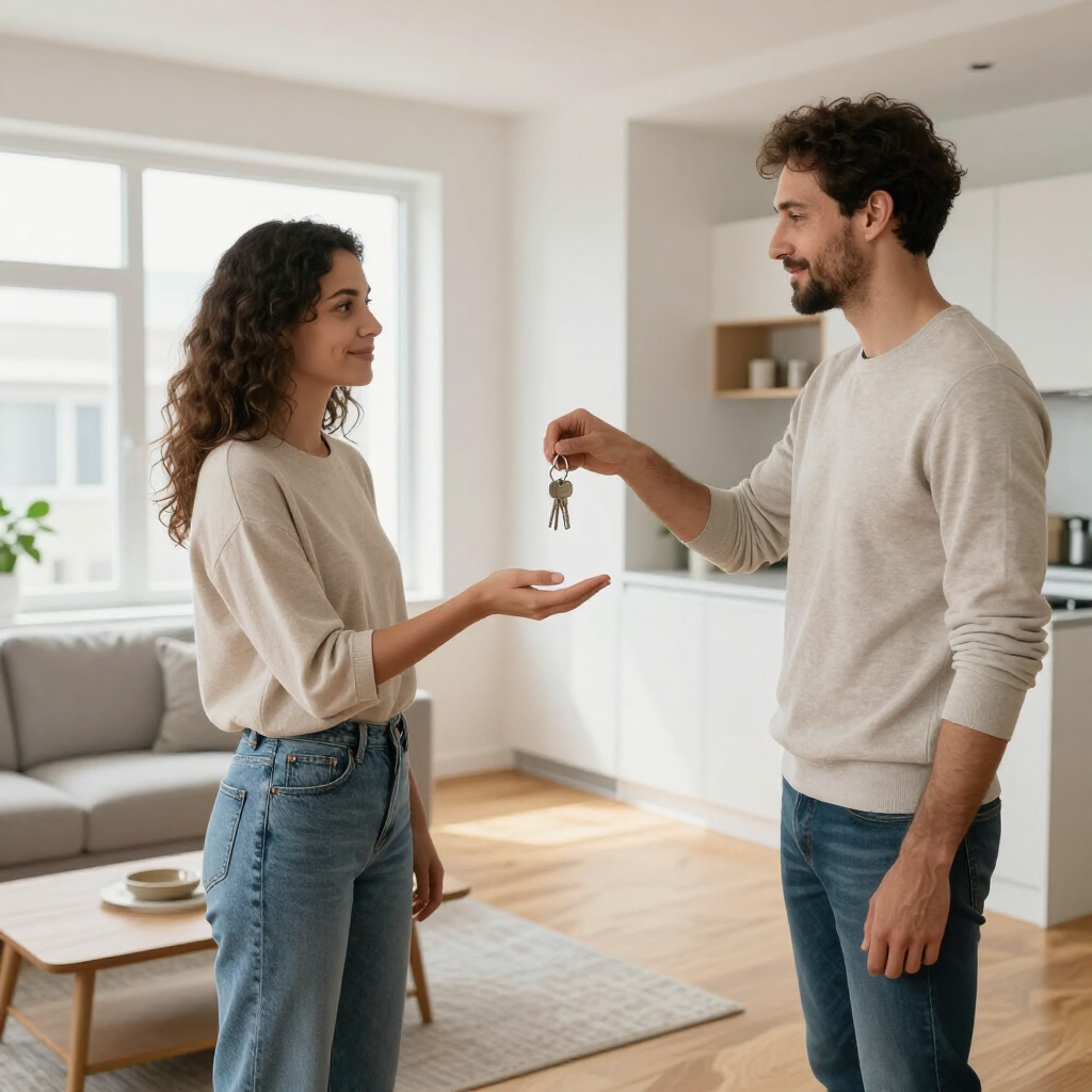 Two people in a bright living room exchanging keys