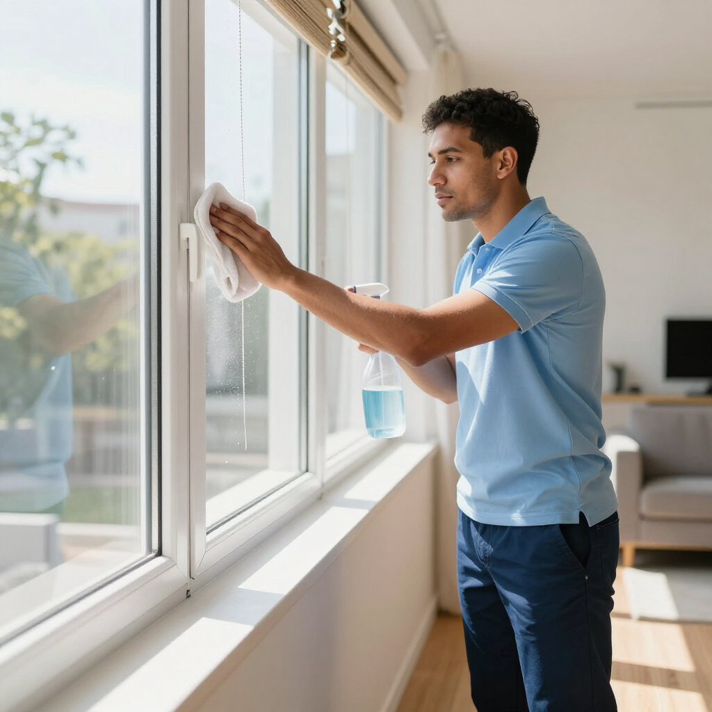 Person cleaning a sunlit window with a cloth in a bright room