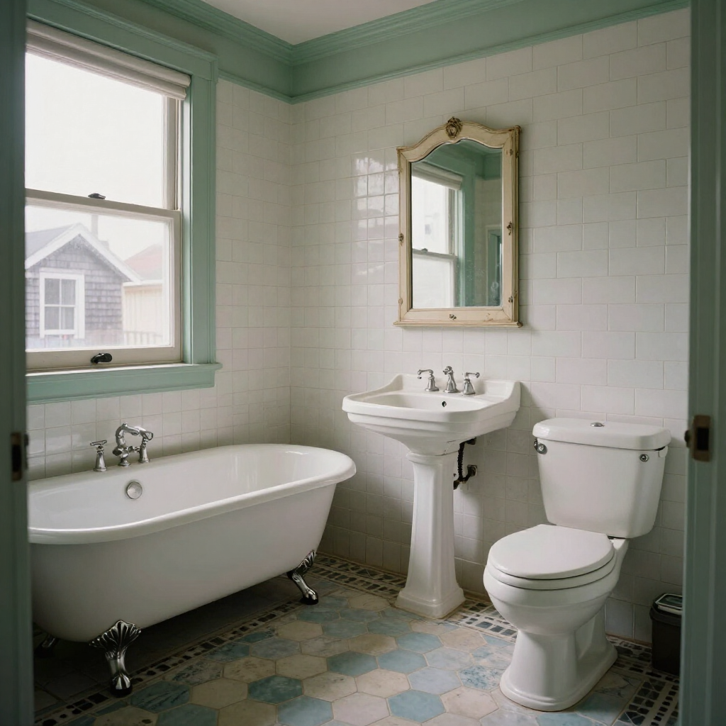 Bright vintage bathroom with a clawfoot tub, pedestal sink, toilet, and window with mint trim.