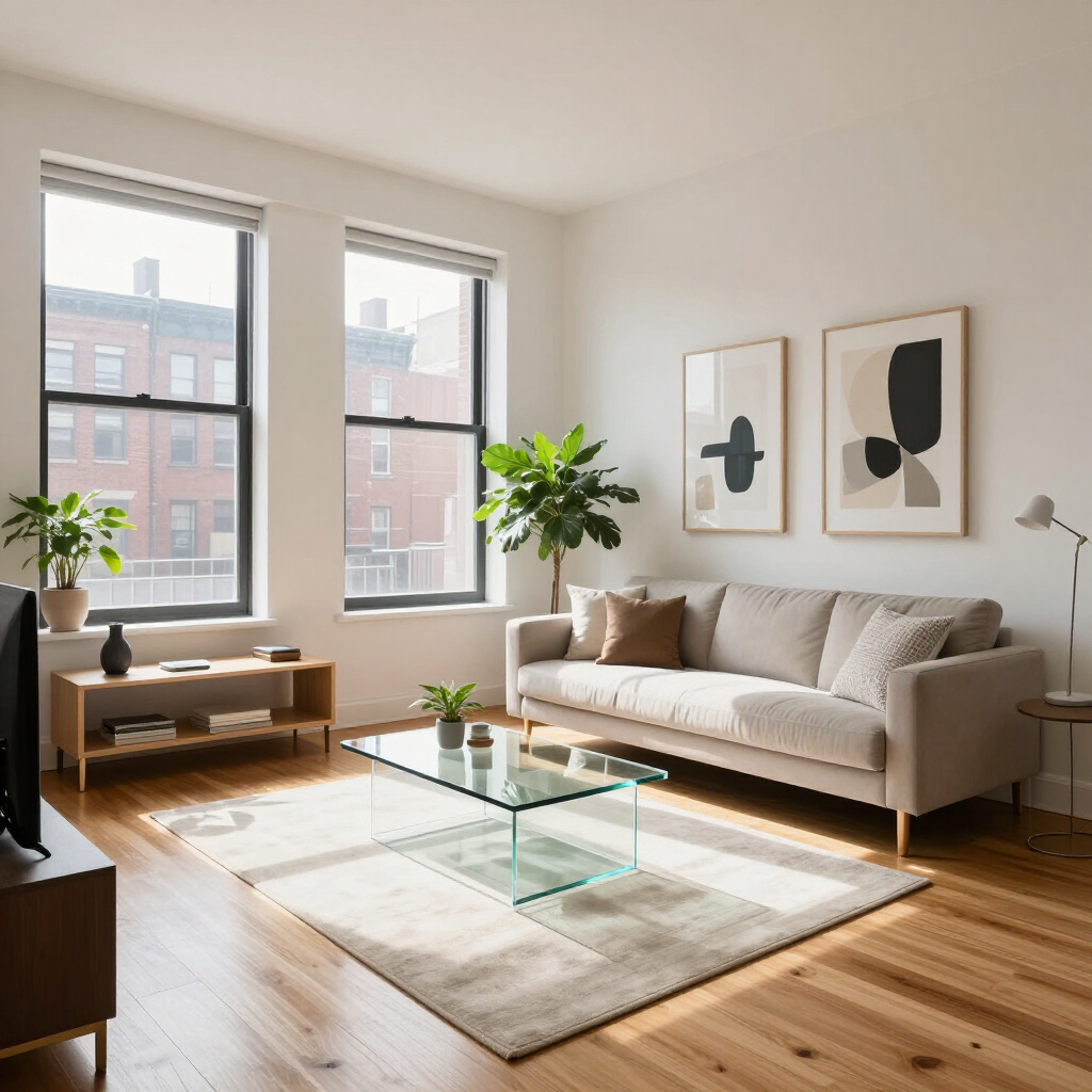 Bright living room with beige sofa, glass coffee table, rug, plants, and large windows letting in sunlight