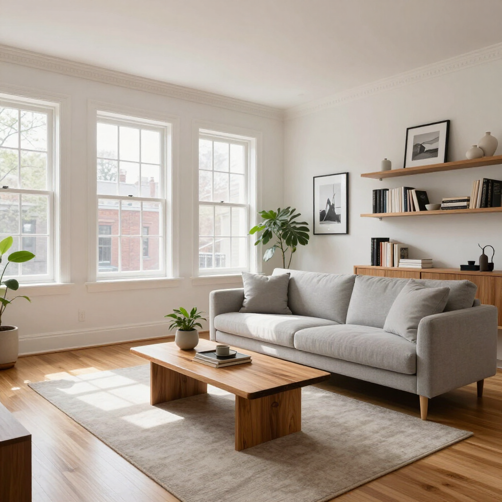 Bright living room with large windows, gray sofa, wooden coffee table, rug, and wall shelves with plants and books