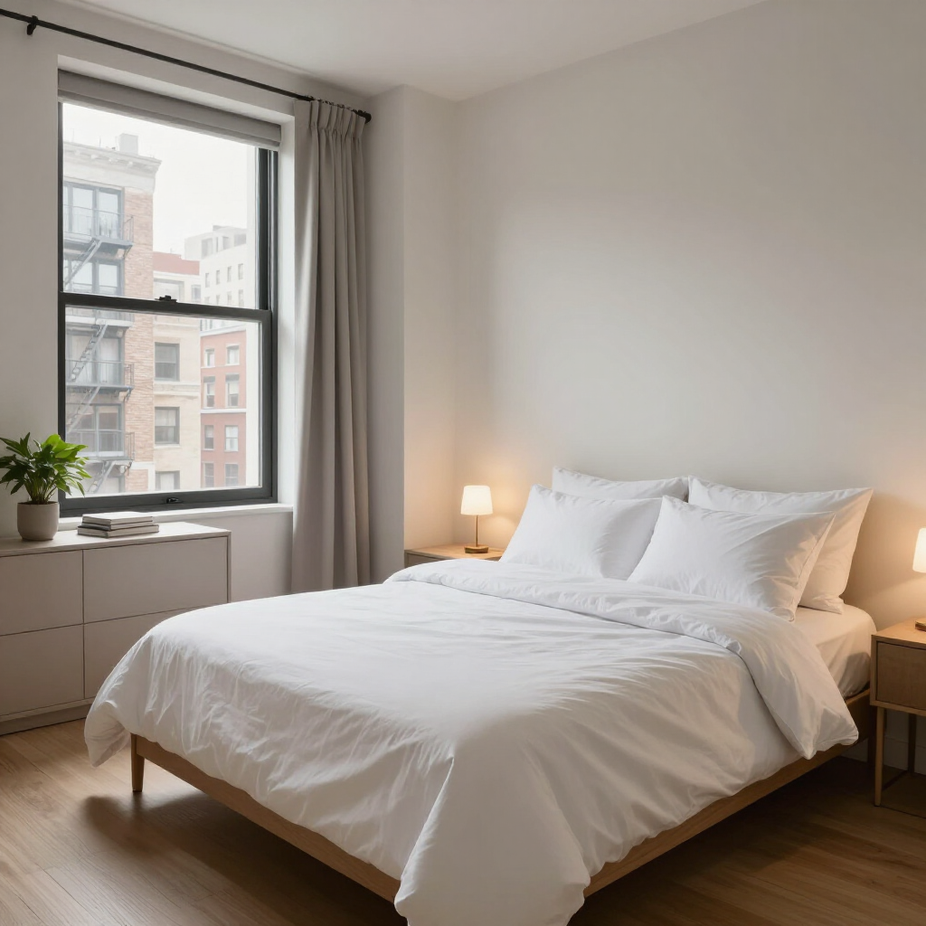 Minimal bedroom with white bed, gray curtains, window, and small bedside lamp