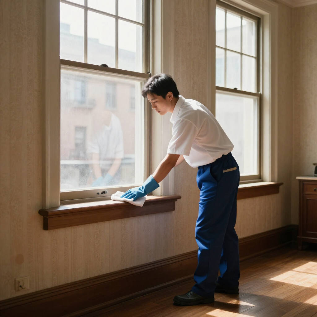 Person cleaning a sunlit windowsill with a blue cloth in an empty room