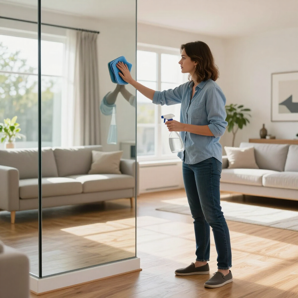 Woman cleaning a mirrored closet door in a bright living room with a blue cloth