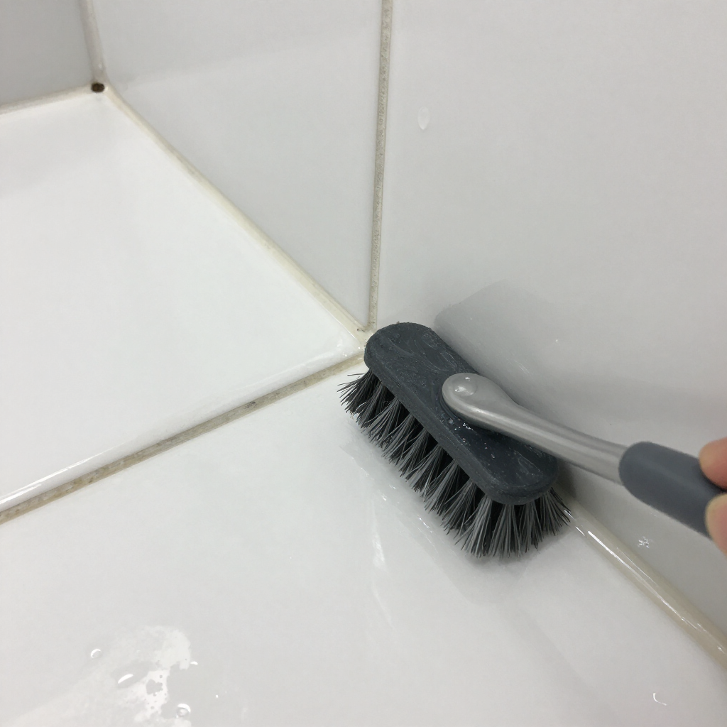 Gray scrub brush cleaning white bathroom tile grout