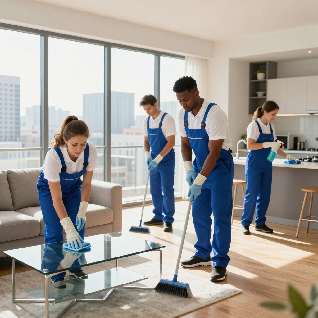 Four cleaners in blue uniforms cleaning a bright living room with glass coffee table and large windows