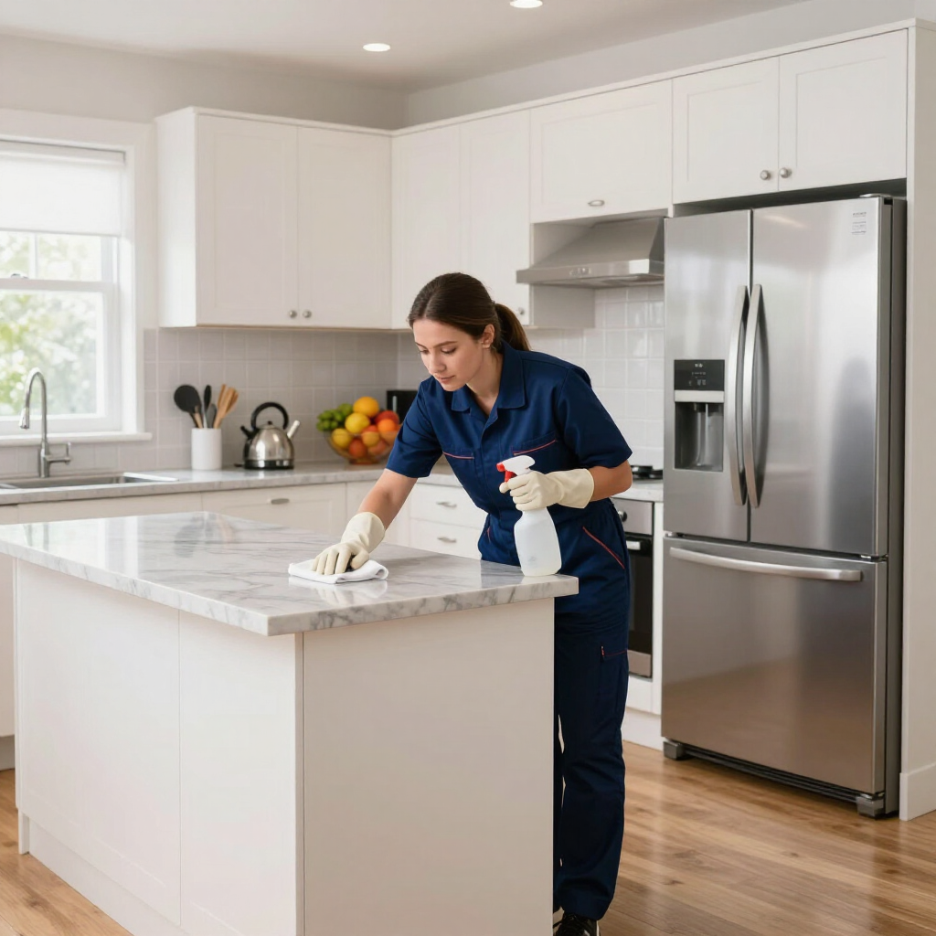 Cleaner wiping a kitchen island in a bright modern kitchen with stainless steel appliances