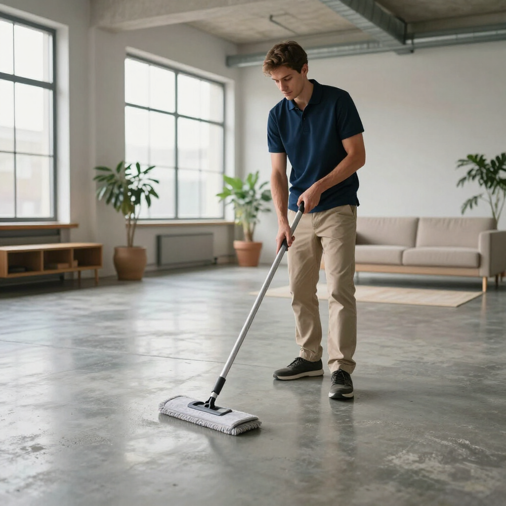 Person mopping a polished concrete floor in a bright, modern living room