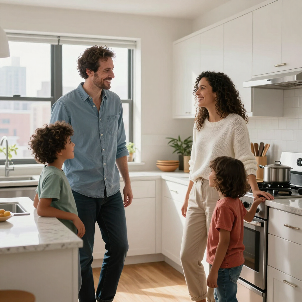Family standing together in a bright kitchen, smiling and talking near the stove and sink.