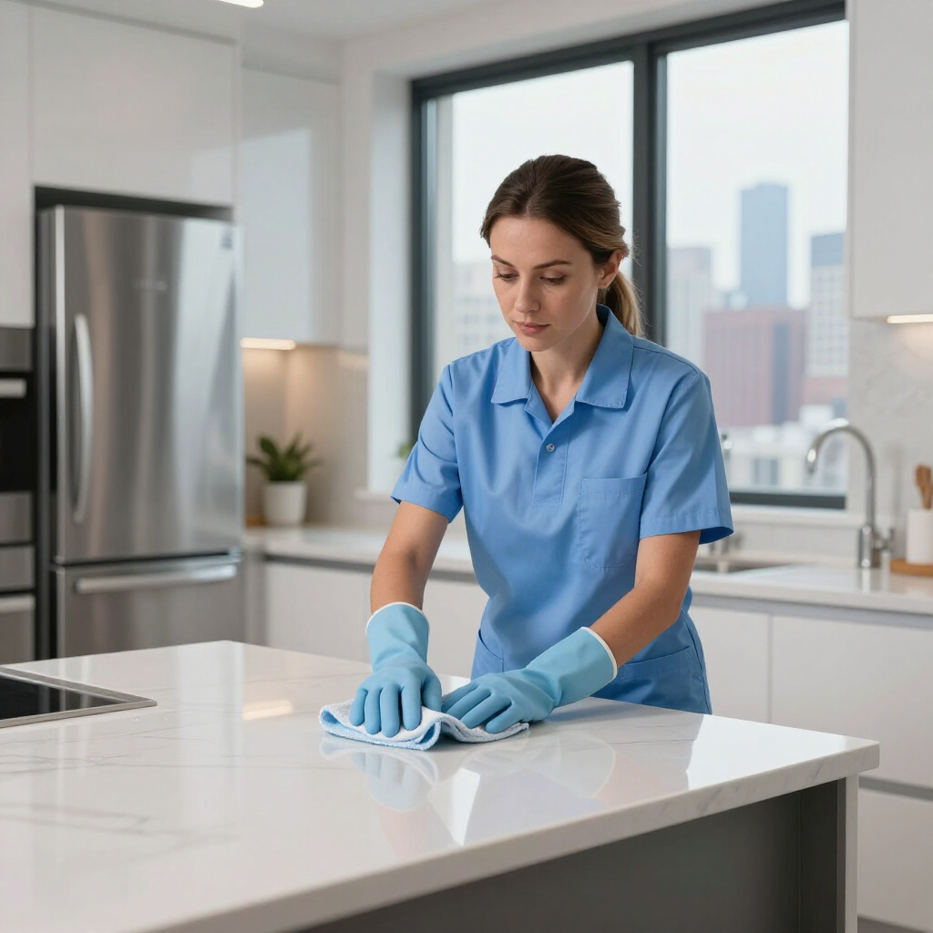 Person in blue uniform cleaning a white kitchen countertop with a cloth in a bright modern kitchen