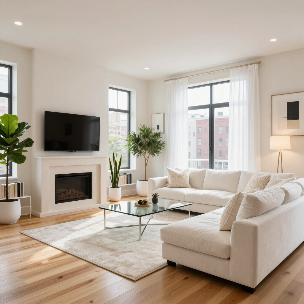 Bright modern living room with white sectional, fireplace, large windows, and glass coffee table
