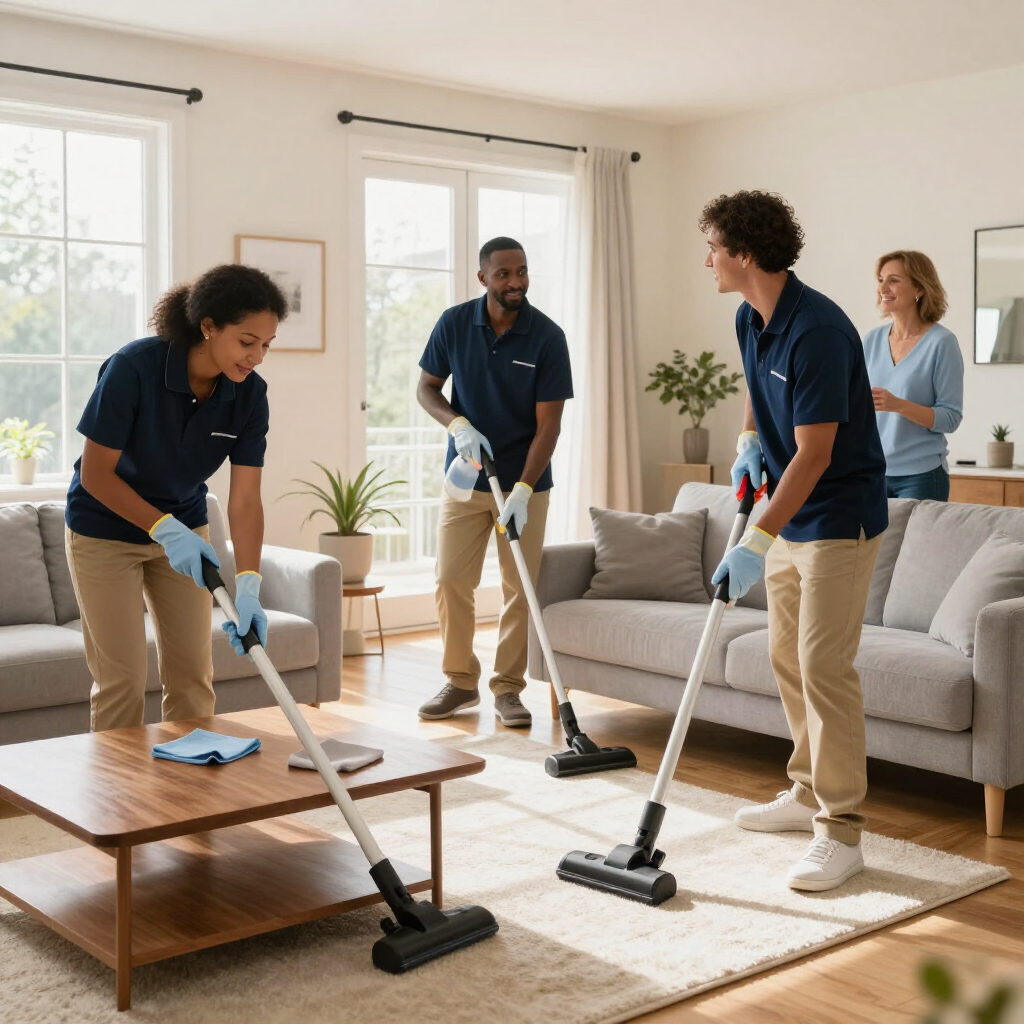 Team of cleaners vacuuming and dusting a bright living room with a sofa and coffee table