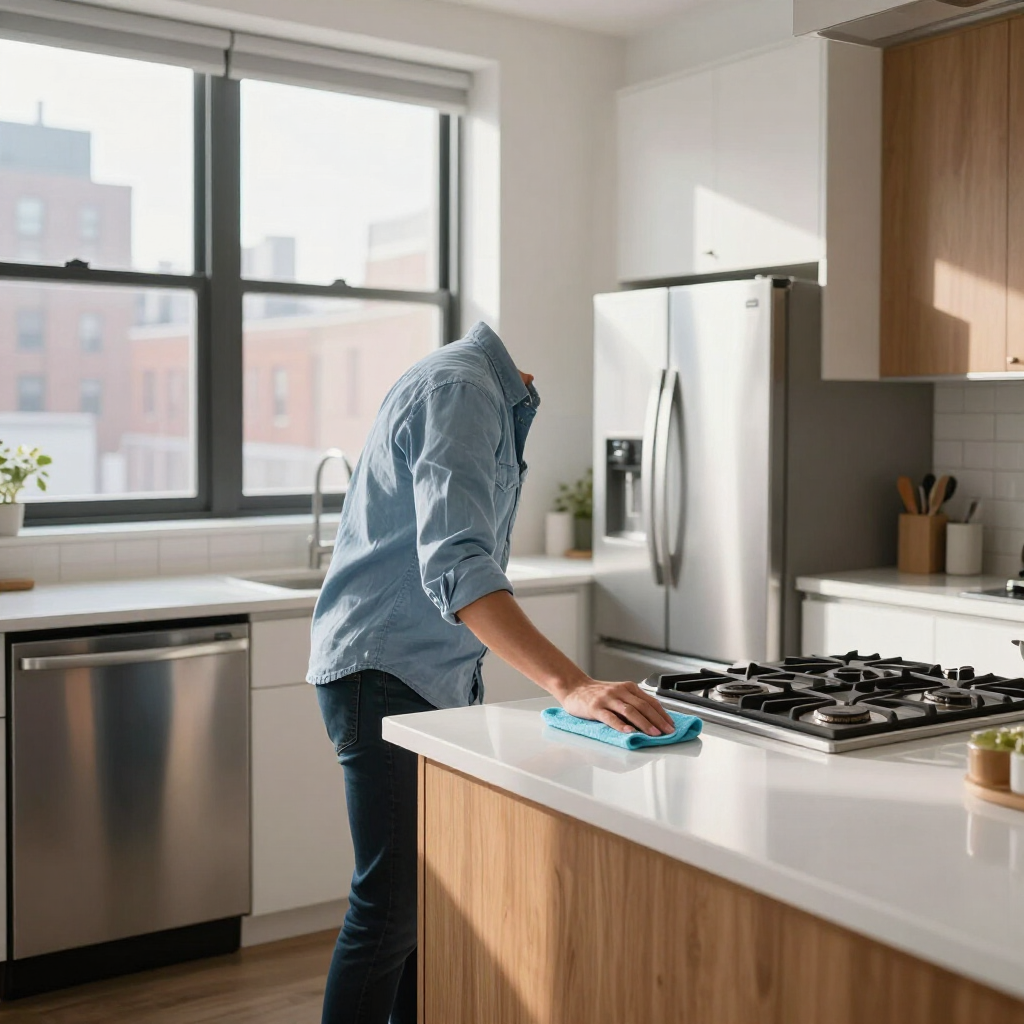 Person wiping a kitchen counter beside a stainless steel refrigerator and gas stove in a bright modern kitchen