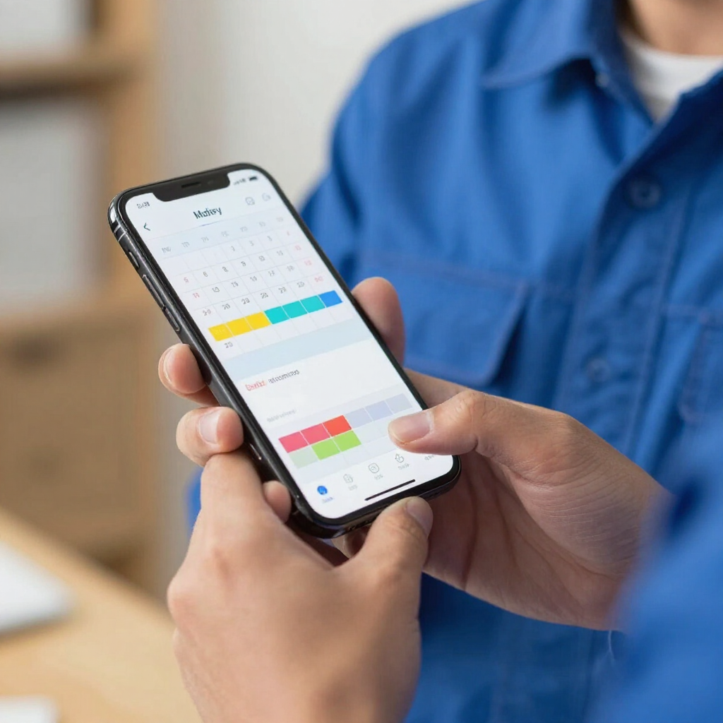 Hands holding a smartphone showing a color-coded schedule or calendar app