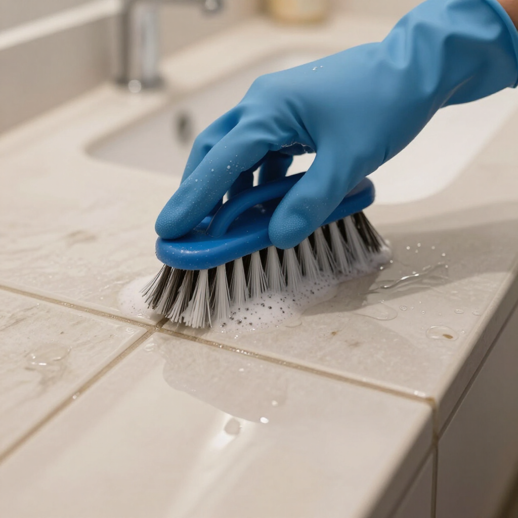 Blue-gloved hand scrubbing a tiled sink edge with a brush and soapy water