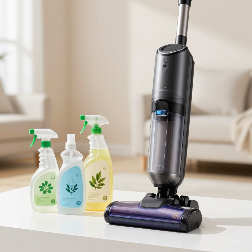 Cordless floor mop beside three green cleaning spray bottles in a bright living room