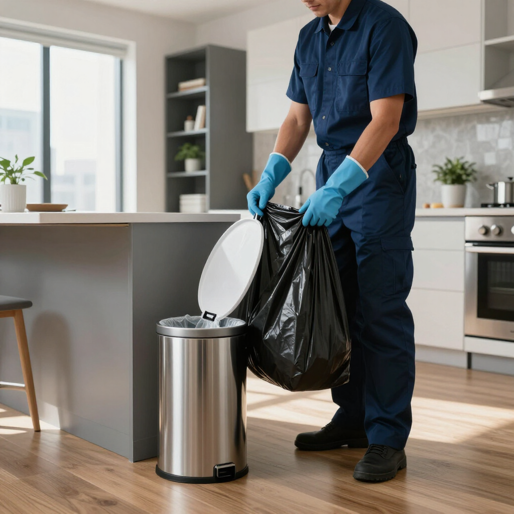 Cleaner in blue gloves empties a black trash bag into a stainless steel bin in a modern kitchen.