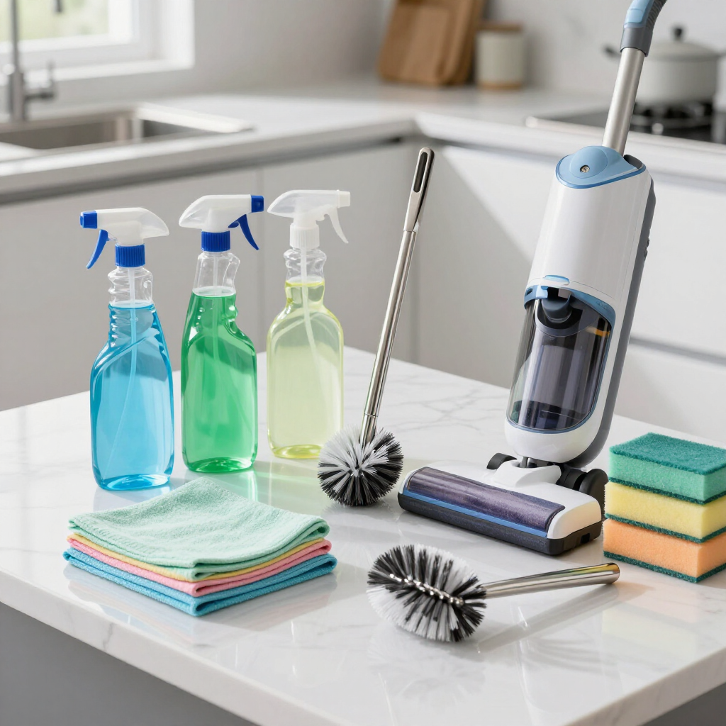 Cleaning supplies on a kitchen counter: spray bottles, mop, brushes, sponges, and folded cloths.