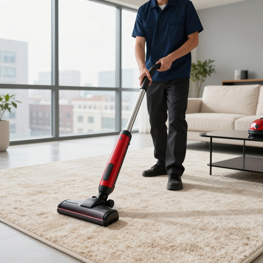 Person vacuuming a beige rug in a bright living room with a red upright vacuum cleaner