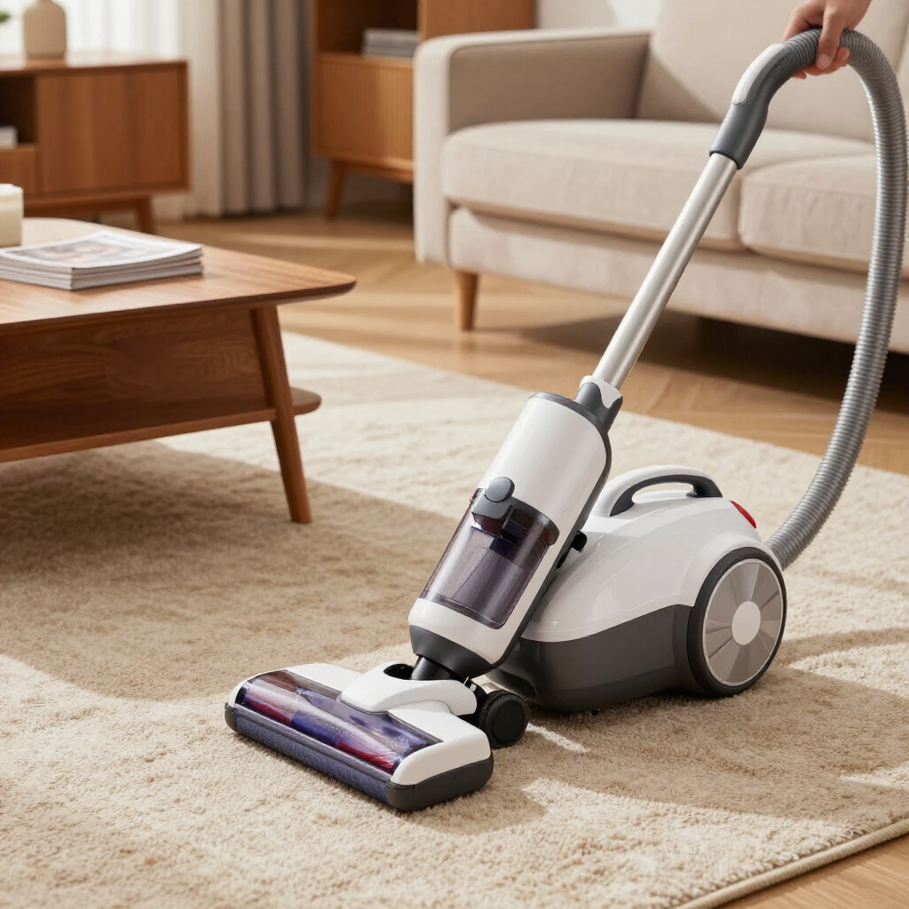 Vacuum cleaner on a beige rug in a bright living room beside a wooden coffee table