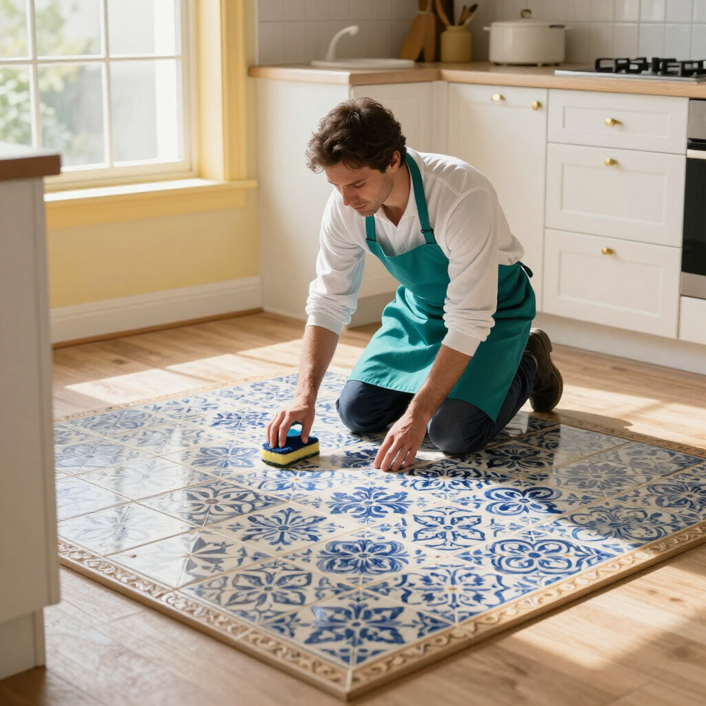 Person kneeling and cleaning a blue patterned tile floor in a sunlit kitchen