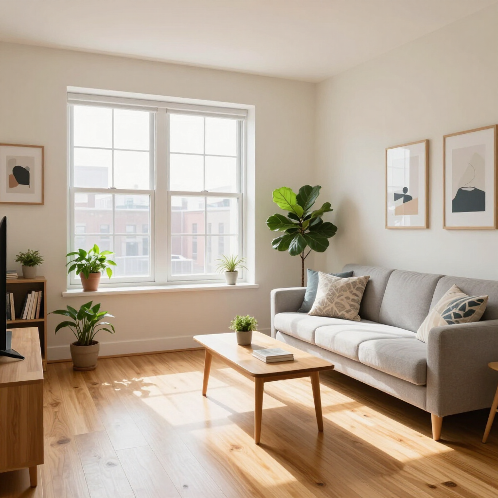 Sunlit living room with gray sofa, wooden coffee table, houseplants, and framed wall art by a large window