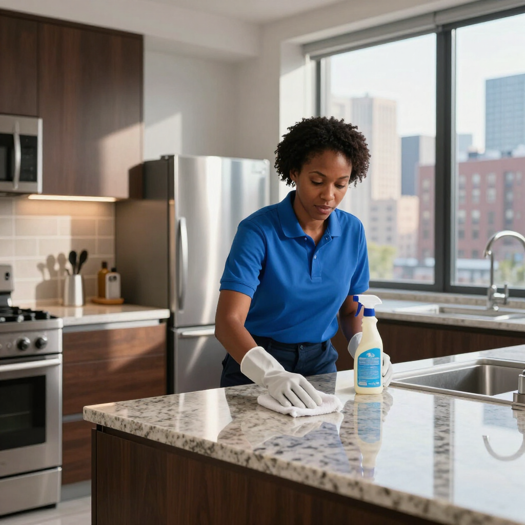 Person cleaning a kitchen counter with spray and cloth in a modern apartment kitchen