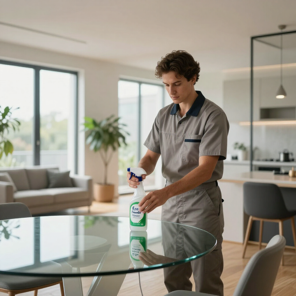 Man spraying cleaner on a glass table in a bright modern living room