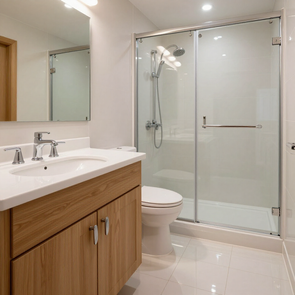 Modern bathroom with wood vanity, white sink, mirror, toilet, and glass-enclosed shower.