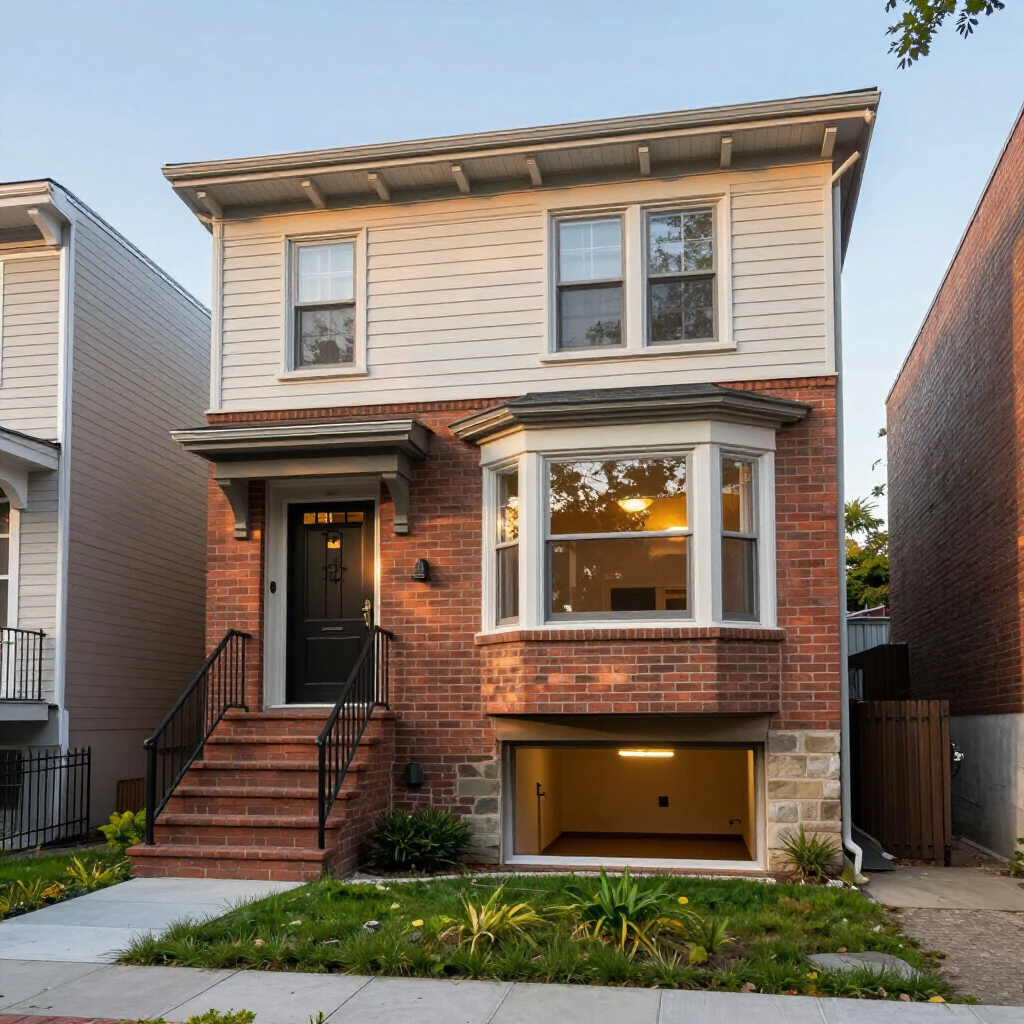 Two-story brick and siding house with front steps, bay window, and garage at dusk