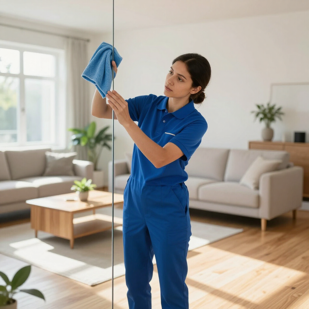 Cleaner in blue uniform dusting a bright living room with a blue cloth and mop