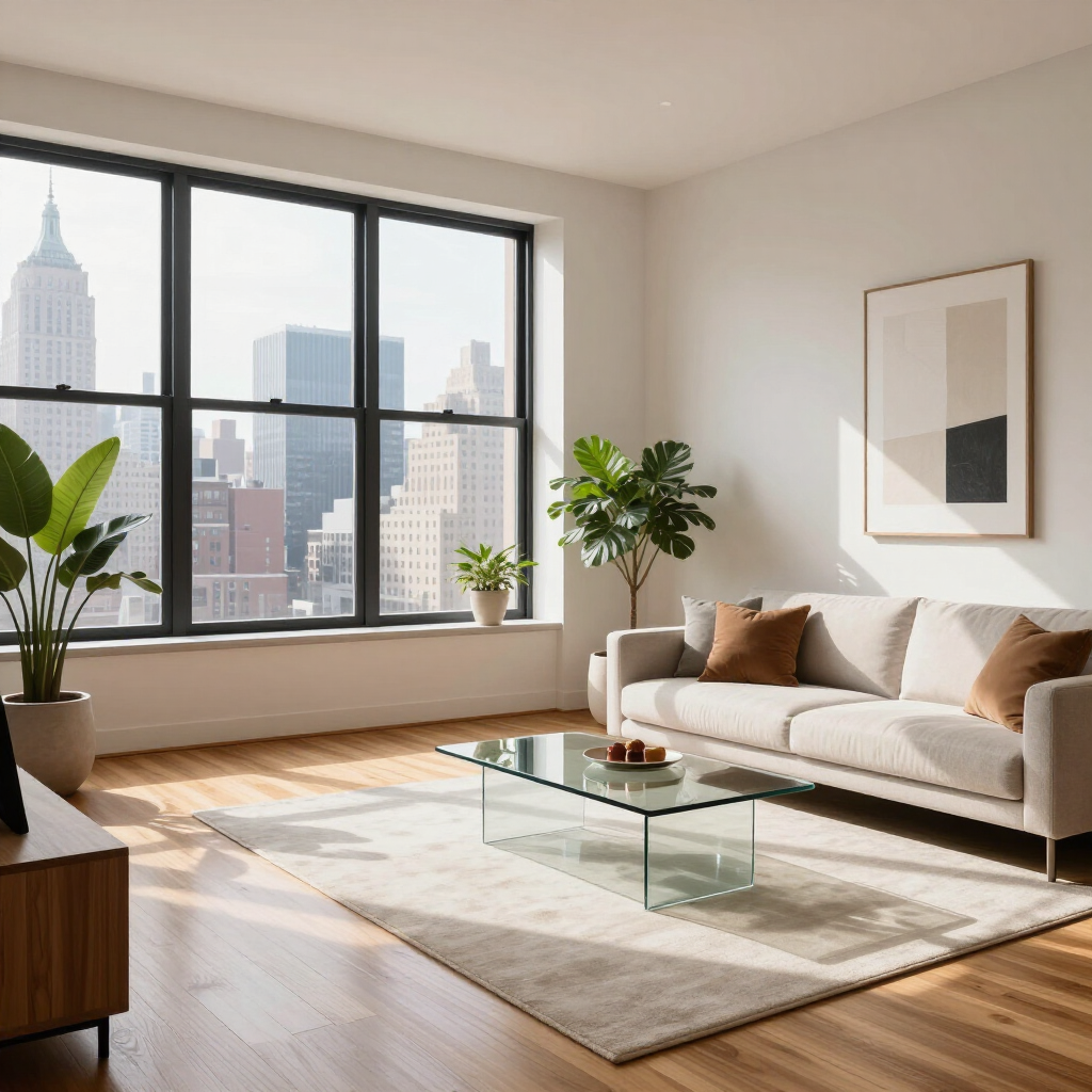 Bright modern living room with beige sofa, glass coffee table, large window, plants, and city skyline view