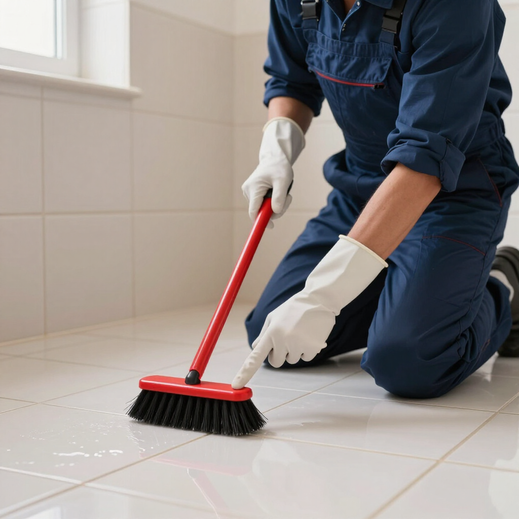 Person in blue coveralls and gloves scrubs a tiled floor with a red-handled brush.