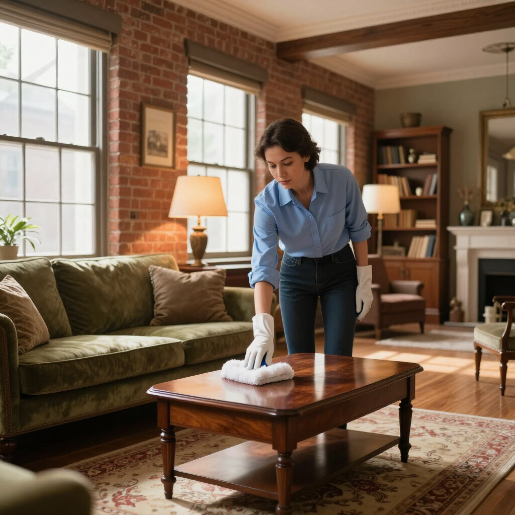 Woman dusting a wooden coffee table in a sunlit living room with exposed brick walls
